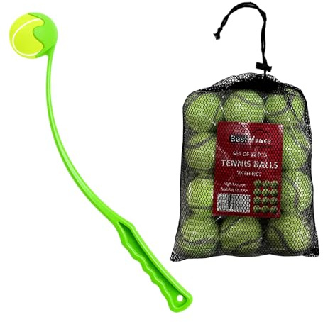 BH | Dog Ball Launcher Thrower Dog Toy (Green) + 12 PCS Dog Pet Balls, Tennis Ball Hands Free Pick Up and Throw Play and Great Fun for Dogs Puppy Exercise & Training - By BEST HOUSE