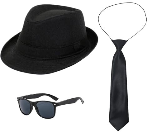 UILYNIU 3 Stück Mafia Gatsby Gangster Kostüm Herren, 1920s Jahre Herren Accessoires Hut Gläser Krawatte, Panama Gangster Hut Erwachsene Kostüm fur Halloween Karneval Kostümparty