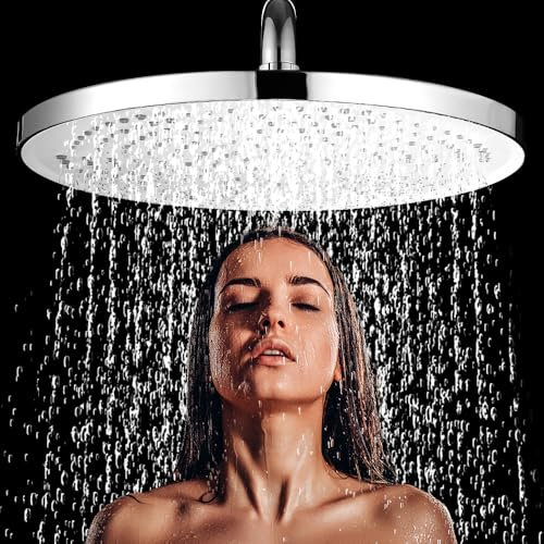 MiczucoYr Shower Head High Pressure, Rainfall Shower Heads Replacement, Large Showerhead 10 Inch, Waterfall Showerhead Adjustable with Swivel Ball, Fixed Shower Head Chrome Finish Universal Fitting