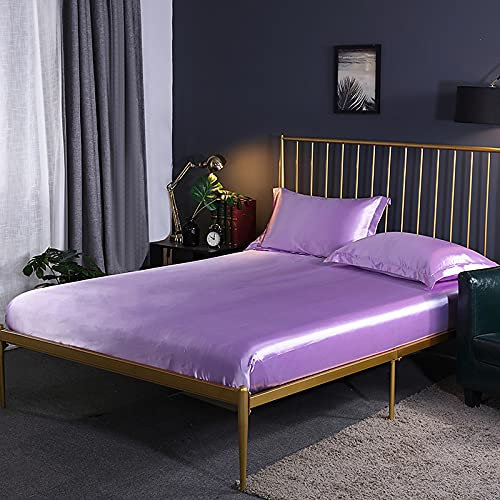 Luxury Lilac Satin Silk King Size Fitted Sheet Set Elastic Band Mattress Cover with Pillow Cases Soft and Smooth Bedding for Double Bed 150 * 200cm