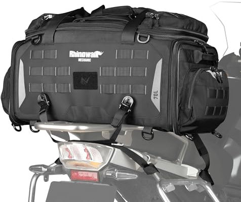 Rhinowalk Borsa posteriore per moto, espandibile, 50-70L, impermeabile, per tutte le stagioni, con cinghie Sissy Bar e copertura antipioggia per casco, colore nero