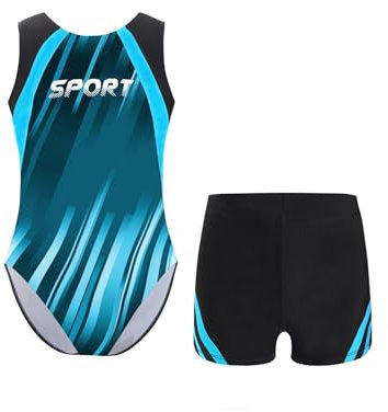 Kaerm Kinder Junge Gymnastikanzug Ärmellos Ballettanzug Motiv Patchwork Tanzbody Ärmellos Leotard Mit Gymnastik Shorts Dancewear Blau Grün 170