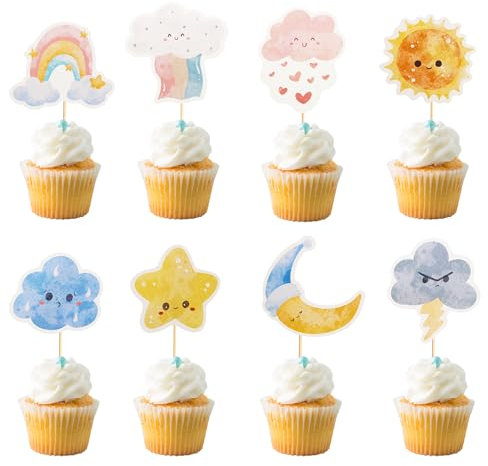 Arthsdite 24Pcs Weather Cupcake Toppers Cute Emoij Cloud Rainbow Sun Moon Star Cupcake Picks Weather Cake Decoration