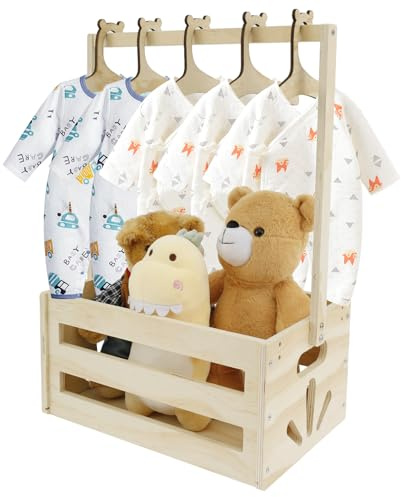 Panier cadeau pour bébé avec poignée - Boîte en bois - Cadeau pour bébé - Avec 5 cintres - Boîte de rangement pour bébé - Pour nouveaux parents - Cadeaux de grossesse (blanc)