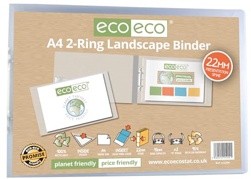 eco-eco A4 95% Recycled Presentation 22mm Spine 2 Ring Landscape Binder Clear, eco204