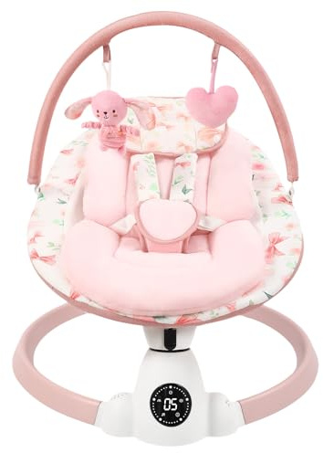 Baby Swing for Infants with 5 Swing Speeds, Portable Electric Baby Swing with Bluetooth, Remote Control & Touch Panel, 5-Point Harness, Indoor & Outdoor Use, Pink