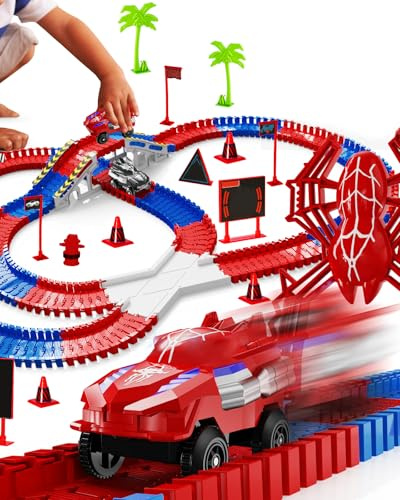 Spider Construction Race Track Set for Kids Ages 3-9, STEM Building Car Track Toys with Superhero Cars, Creative Track Toy Gift for Boys & Girls Age 3 4 5 6 7, Outdoor Indoor Toddler Toy Gift Set