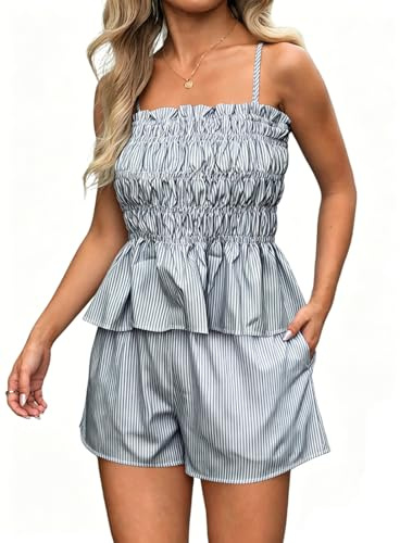 crazy bean Tuta Donna Estiva 2 Pezzi a Righe Completo Corto Pantaloncini e Maglietta Senza Spalline Elegante da Spiaggia Casual con Tasche Grigio M