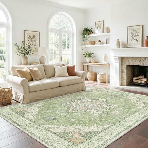Marsail 5x7 Machine Washable Area Rug, Soft & Skid-Resistant with Reinforced Edges, Short-Pile Vintage Floral Rug for Living Room, Dining Room and Bedroom, Light Green