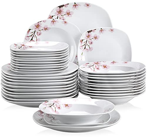 VEWEET ANNIE 36 Piezas Juego de Vajillas Elegantes de Porcelana para 12 Personas con 12 Platos Llanos, 12 Platos Hondos y 12 Platos de Postre, Blanco con Motivo Floral Rosa, Apto para Lavavajillas