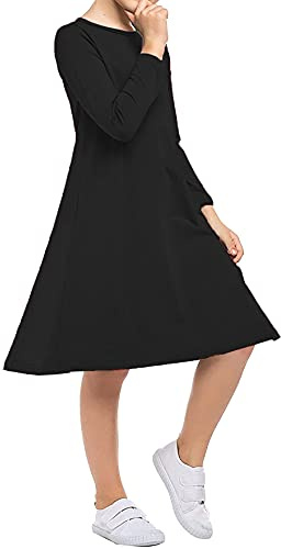 Kids Girls Swing Skater Dress Long Sleeve Flared Top Infants School Uniform Costume Fancy Dresses Party Formal 3-4 5-6 7-8 9-10 11-12 13 Years Winter Birthday World Book Day (13-14 Years, Black)