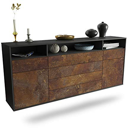 Dekati Sideboard Bellevue hängend (180x77x35cm) Korpus anthrazit matt - Front rostigen Industrie-Design - Push to Open - Leichtlaufschienen