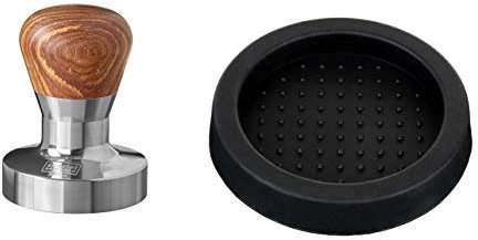 Scarlet Espresso | Tamper « Passion » pour barista ; avec manche ergonomique en PVC ou en bois précieux au choix et base en acier inoxydable de précision (set 57 mm et plateau pour tamper)