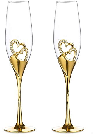 Sziqiqi Una Pareja 2 Piezas De Copas Creativas De Alto Grado De Cristal De Esmalte Con Diamante En Forma De Corazón Para Los Amantes, Oro