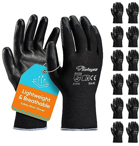 SAFEYEAR 12 paires de gants de travail de sécurité enduits de PU noir, légers pour le jardinage, les constructeurs, le bricolage, l'entrepôt, les mécaniciens hommes et femmes (noir XL)
