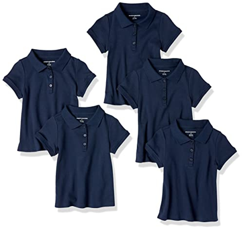 Amazon Essentials Girls' Short-Sleeved Uniform Interlock Polo Shirt, Pack of 5, Navy, 5 Years