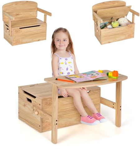 COSTWAY 3 en 1 Table Enfant en Bois avec Chaise, Banc Coffre à Jouets avec Couvercle & Poignée Découpée, Table d'Activités Convertible pour Tout-Petits de 3-7 Ans, Charge10/30kg, 60X57X44CM