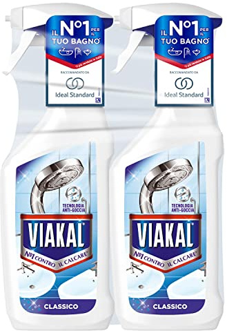 Viakal Classic Bain Anticalcaire Spray, 2 paquets de 670 ml, technologie anti-goutte, élimine jusqu'à 100 % de calcaire, combat les mauvaises odeurs, format pratique