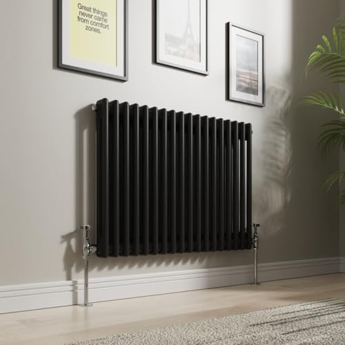 NRG Cast Iron Radiator Traditional Double Column Horizontal Designer Black Rads with Angled Pair of Valves 600 x 830mm