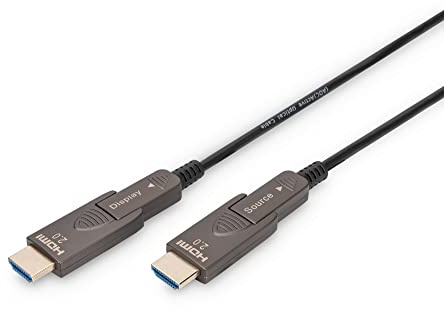 DIGITUS Câble HDMI en fibre optique – 15 m – UHD 4k 60 Hz 1080p 120 Hz – HDMI 2.0 – connecteurs amovibles – 18 Gbps – ARC, HDR, HDCP 2.2, CEC – câble hybride AOC – contacts plaqués or – noir
