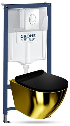 Lavita Vorwandelement Solido Start + Wand Hänge WC Sofi Slim Gold/Black Spülrandlos + WC Sitz mit Absenkautomatik Verchromter Knopf Komplettset Unterputz Spülkasten Toilette Komplett Sett WC