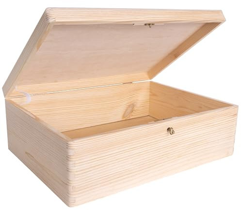 Creative Deco XL Große Holzkiste mit Deckel und Schlüssel | 40x30x14 cm (+/-1cm) | Erinnerungsbox Baby Holzbox mit Deckel Unlackiert Kasten | Für Dokumente, Spielzeug, Weihnachten | ROH, UNGESCHLIFFEN