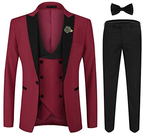 YOUTHUP 3-delat set för män, slim fit, bröllop, middag, smoking med fluga och corsage 1 knapp, blazer, väst byxor, Vinrött, XL