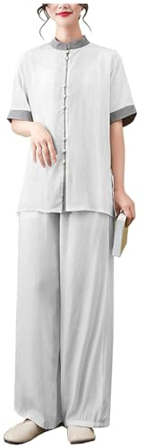 DAYKET Uniforme de Tai Chi Chino Tradicional de Manga Corta para Mujer, Ropa de Artes Marciales para Ejercicios Matutinos, Ropa de Kung Fu, Ropa de Salón,White-M