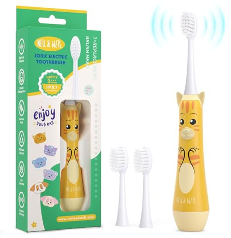 NELL&WELL Brosse à dents électrique pour enfants, minuterie de 2 minutes, 3 modes avec mémoire, étanchéité IPX 7, brosse à dents pour enfants alimentée par piles avec 3 têtes à poils souples pour