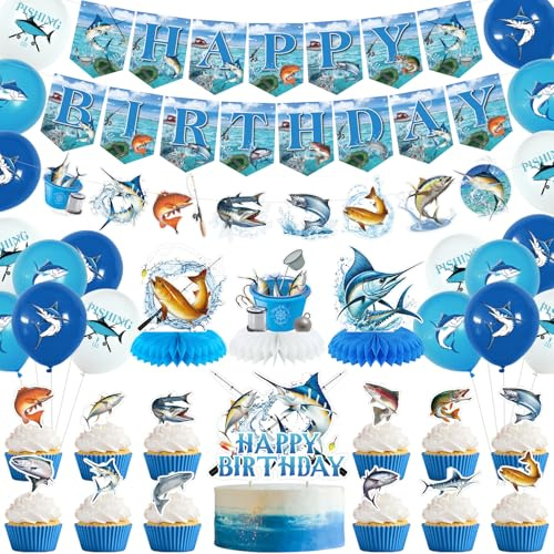 Obussgar fiske födelsedag partydekorationer – fiske partytillbehör inklusive Happy Birthday-banderoller, spiraler, tårttoppar, bord centerpieces, ballonger (L)