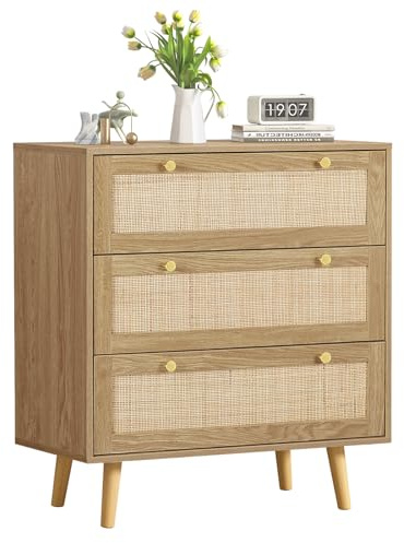 Skokliz Kommode mit 3 Schubladen, Kommodenschrank Sideboard Schubladenschrank, Beistellschrank viel Stauraum in Rattan für Schlafzimmer Wohnzimmer Flur Möbel, 80x40x92cm
