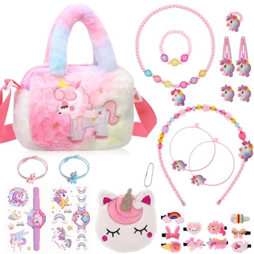 Halinuia Set de 26 piezas de joyería de unicornio para niñas, joyería para niños, bolsos, collares, pulseras, anillos, pendientes, horquillas, regalos de unicornio para niñas de 3, 4, 5, 6 años