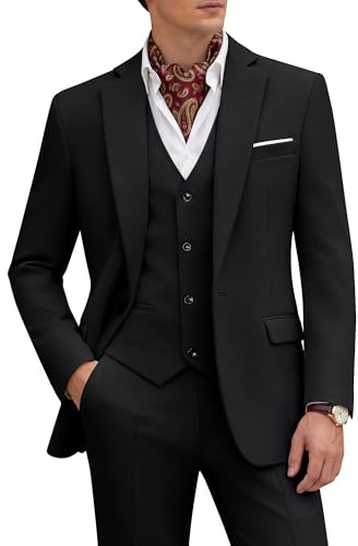 WULFUL Men's 3 Piece Slim Fit Suit Set One Button Blazer Jacket Pants Tuxedo Set for Party Wedding and Business Black
