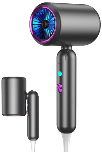 Secador de pelo plegable, tres ajustes de temperatura, doble cuidado capilar (luz azul e iones negativos), control preciso de temperatura NTC, doble protección contra sobreca