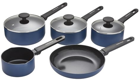 Morphy Richards 5-Piece Saucepan Set, Recycled Aluminium, 14cm Milk Pan, 23cm Frying Pan, 16cm, 18cm & 20cm Saucepan, Non Stick Coating, Soft Touch Handles, Suitable for All Hobs, Blue