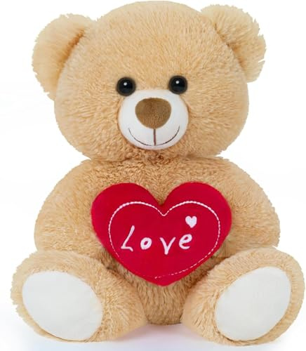 Yeqivo Mignon Nounours en Peluche Marron Clair avec cœur Rouge, Doux Animal en Peluche Je t'aime pour Enfants Filles copines - Baby Shower Noël Saint-Valentin Mariage Anniversaire de Naissance