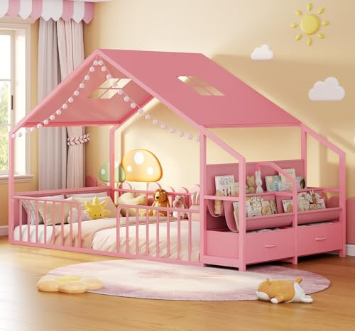 ADORNEVE Montessori Twin Floor Bed Frame with Safety Guardrail for Kids, House Shape Toddler Floor Bed with Sling Bookshelves & Storage Drawers, Metal Floor Bed Twin Size for Bedroom, Nursery, Pink