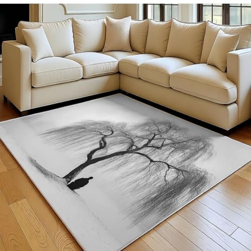 Tappeto Salotto 180 x 270 cm Scena innevata con salici nel parco Tappeto Soggiorno Moderno Antiscivolo Lavabile Pelo Corto Morbido Bianco per Camera Cameretta Ufficio