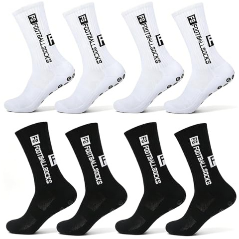 CEJAS 4 Paires Chaussette Foot Enfant Antidérapantes Blanc Noir Chaussettes de Football Antidérapantes pour Football, Basketball, Course, Rugby, Tennis, Taille 34-40