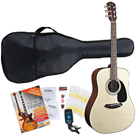 Fender CD-60 NA - Set chitarra western (con custodia, accordatore a clip, scuole di chitarra con CD e DVD, corde e plettri, colore naturale