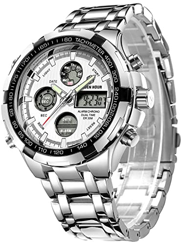 GOLDEN HOUR Men's Luxury Stainless Steel Quartz Digital Watch Outdoor Sports Men's Waterproof Large Heavy Duty Watch (Silver White)
