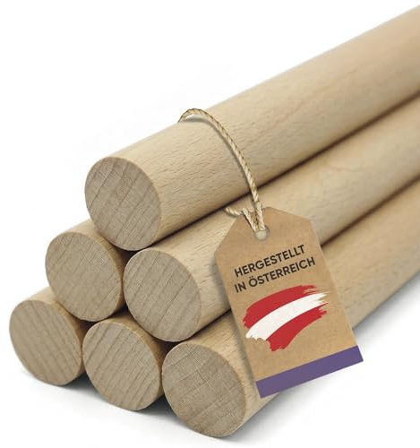 vasalat Varillas de madera lisas para manualidades, 100 cm x 18 mm, 6 unidades