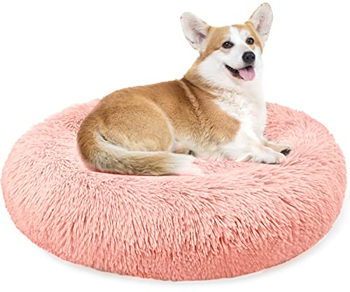 Enjamoy Medium Dog Bed Donut Calming Pet Bed, Pink 70cm | Large Cat Bed Round Pet Cushion for Dogs & Cats, Long Plush Anti Anxiety, Non Skid Bottom, Machine Washable