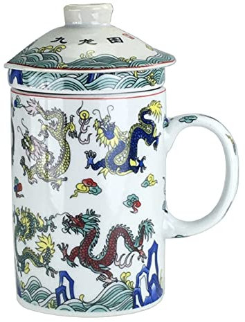 Keramik Teetasse mit Deckel + Sieb für Losen Tee mit Asiatischem Motiv (Drachen, 043) Japanische Chinesische Tasse Für Teeliebhaber, Porzellan Kaffee Geschenk Set Asien Asia Becher Haferl