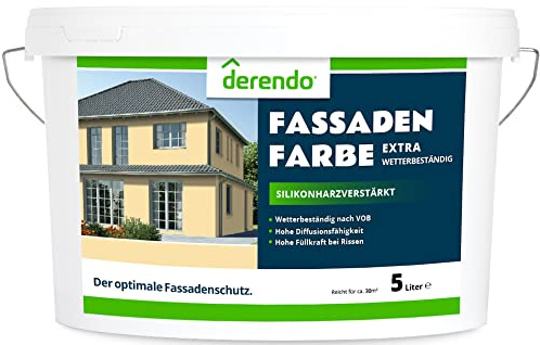 derendo Fassadenfarbe gelb 5l mit EXTRA hohem Wetterschutz, matte silikonharzverstärkte Fassaden Farbe, hohe Deckkraft und gute Füllkraft bei kleinen Rissen (Sandgelb)