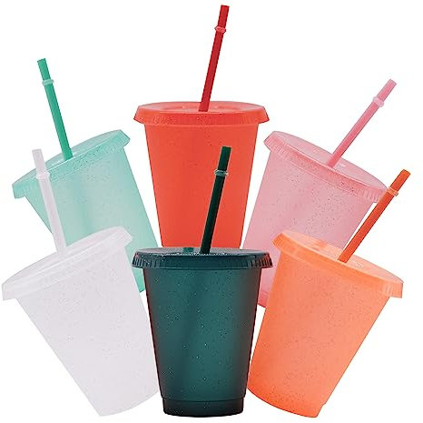 6 Stück Bunte Plastikbecher, Trinkbecher mit Deckel und Strohhalm, Wiederverwendbare Kunststoffbecher, Becher, Tasse, Ideal für Camping, Partys, Feste, Hochzeiten, 500ml (6 Farben)
