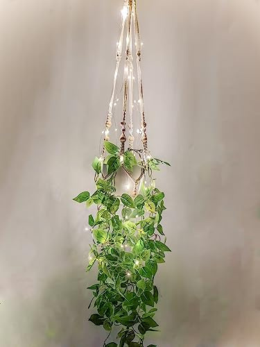Comtelek Fake Hanging Plants with Lights Artificial Plants for Home Decor Macrame Plant Hanger with Fake Vines Faux Hanging Planter for Wall Ceiling Bedroom Bathroom Kitchen Office Boho Decor Indoor