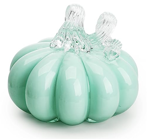QFkris Figura de calabaza de vidrio soplado a mano de 4 pulgadas, coleccionables, decoración de calabaza de Halloween, decoración de mesa para decoración de cosecha de otoño, turquesa