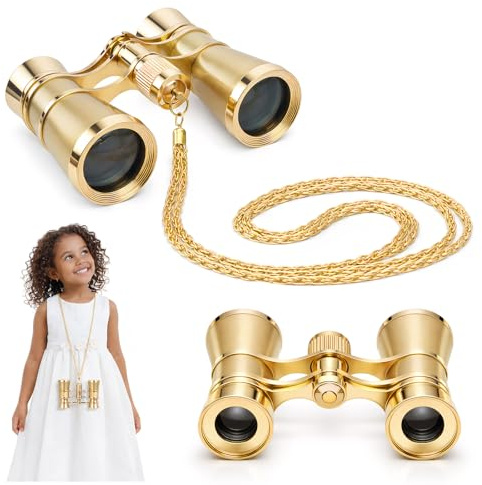 3x25 Binoculars Opera Glasses with Chain, Low-Light Night Vision, Vintage Style for Adults and Kids, Ideal for Theater, Concerts, Bird Watching, Travel, Golden