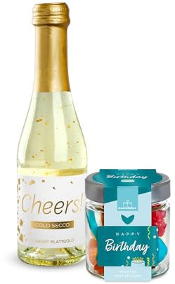 naschlabor 2er-Set Gold Secco Cheers! + Fruchtgummi Happy Birthday 120g | Geburtstag | Geburtstaggeschenk | Geburtsttagsparty | Konfetti | Dein Mitbringsel zum Geburtstag